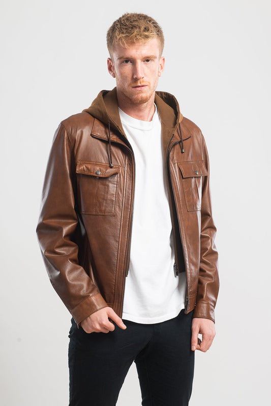 Bart Rugged Tan Leather Hooded Jacket-CW Leather-Bart Rugged Tan Leather Hooded Jacket-Men's Leather Jacket