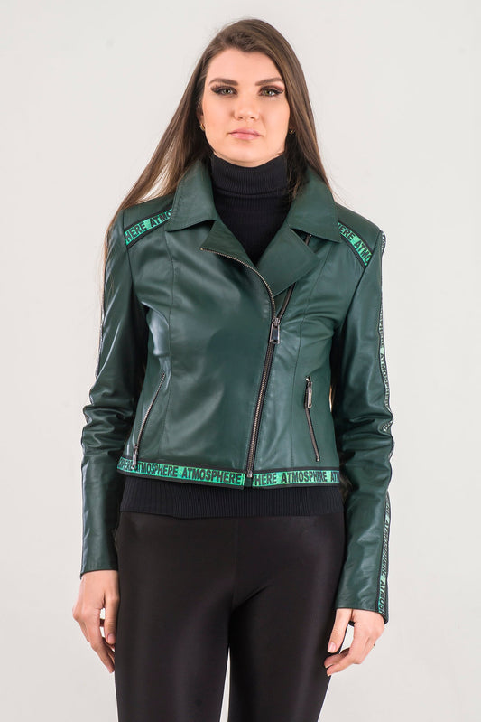 Jannet Forest Green Text-Tape Leather Jacket-CW Leather-Jannet Forest Green Text-Tape Leather Jacket-Woman's Leather Jacket